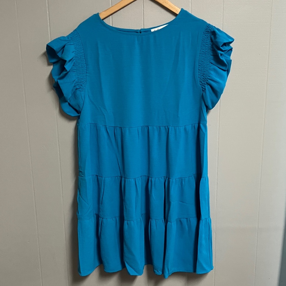 NWT She + Sky Vibrant Blue Dress Size Large Tiered Style Ruffle Sleeves